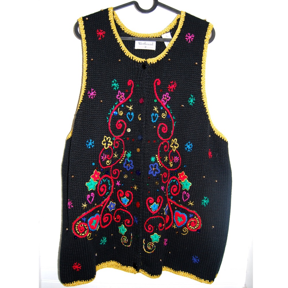 Vintage Christmas Vest Women's 1X Westbound Knit Embellished Sweatervest Granny